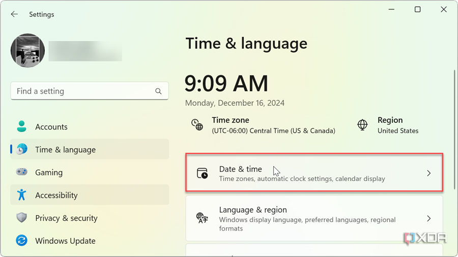 shows time and language section of settings chosing date and time