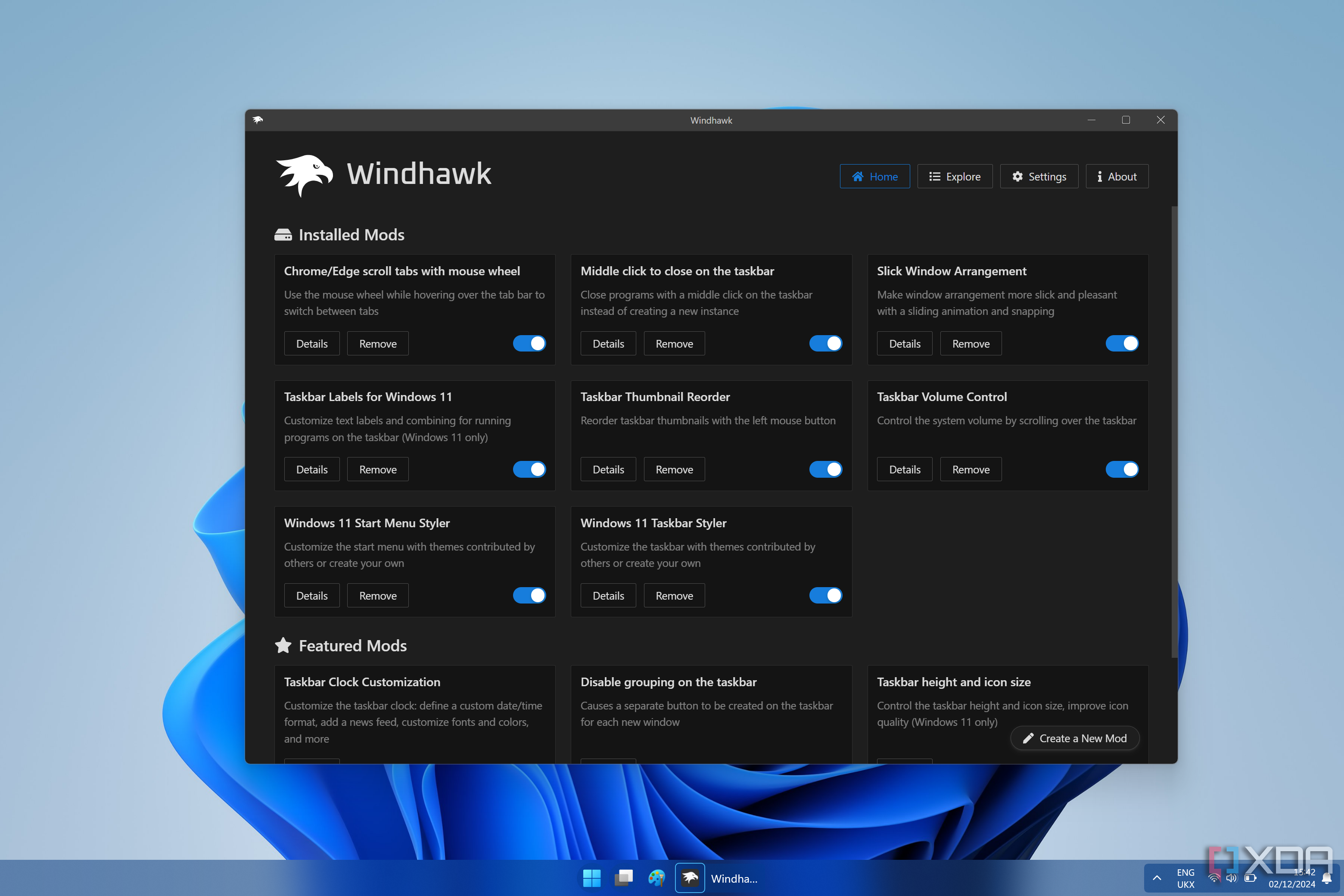 Captura de pantalla de la página de inicio de Windhawk en Windows 11