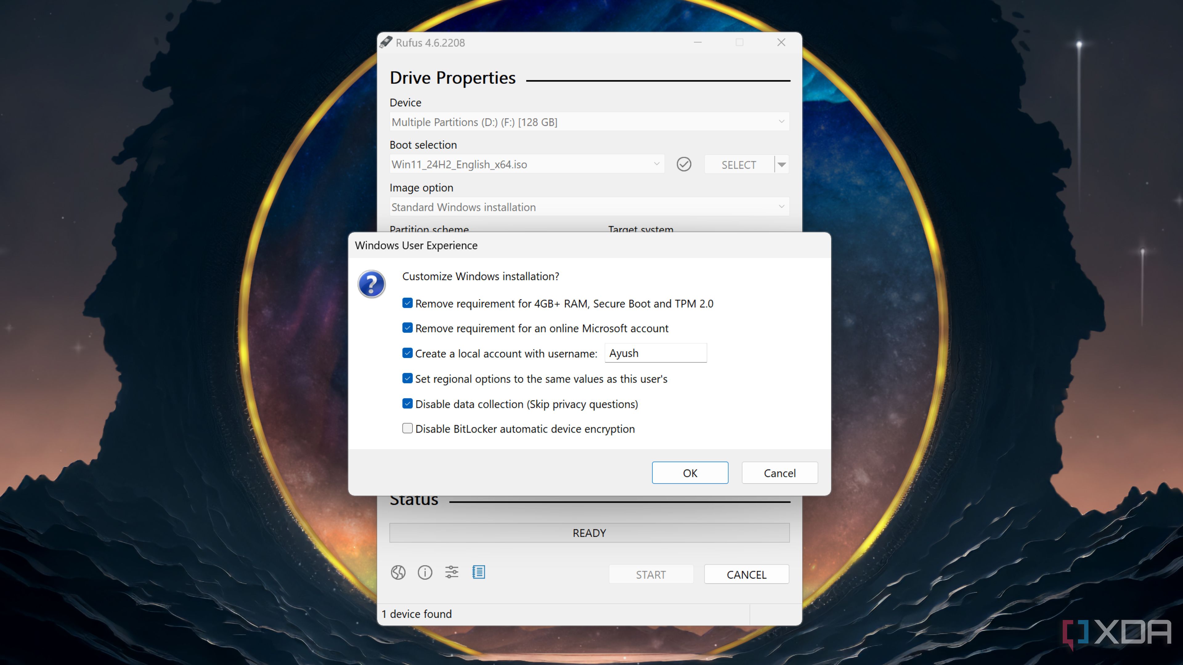 The Windows 11 customization options in Rufus