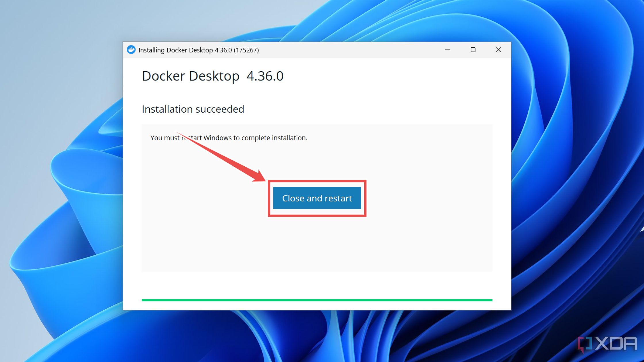 Haga clic en la opción Cerrar y reiniciar dentro de la instalación de Docker Desktop