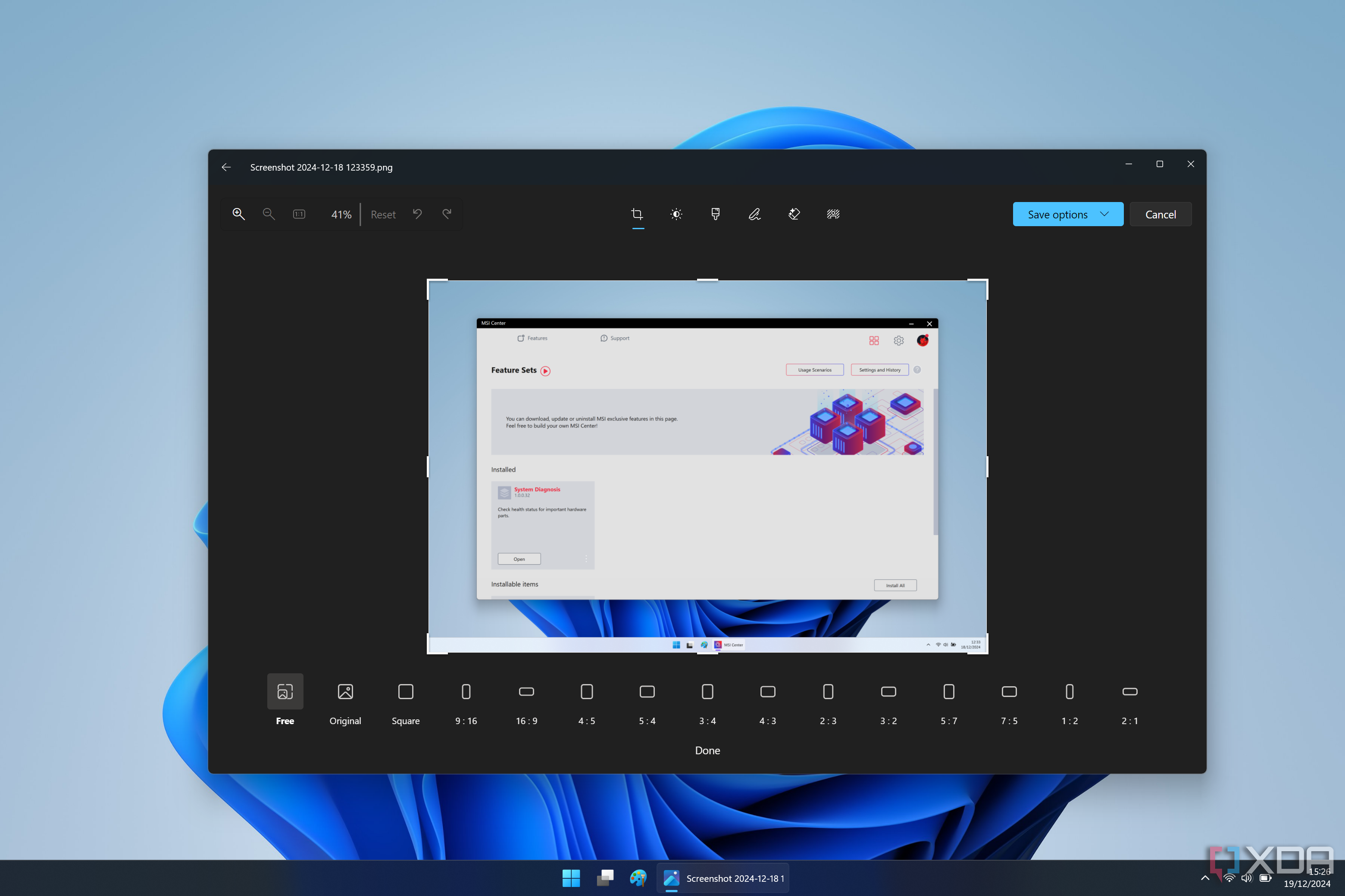 Screenshot of the Windows 11 Photos app showing image cropping tools