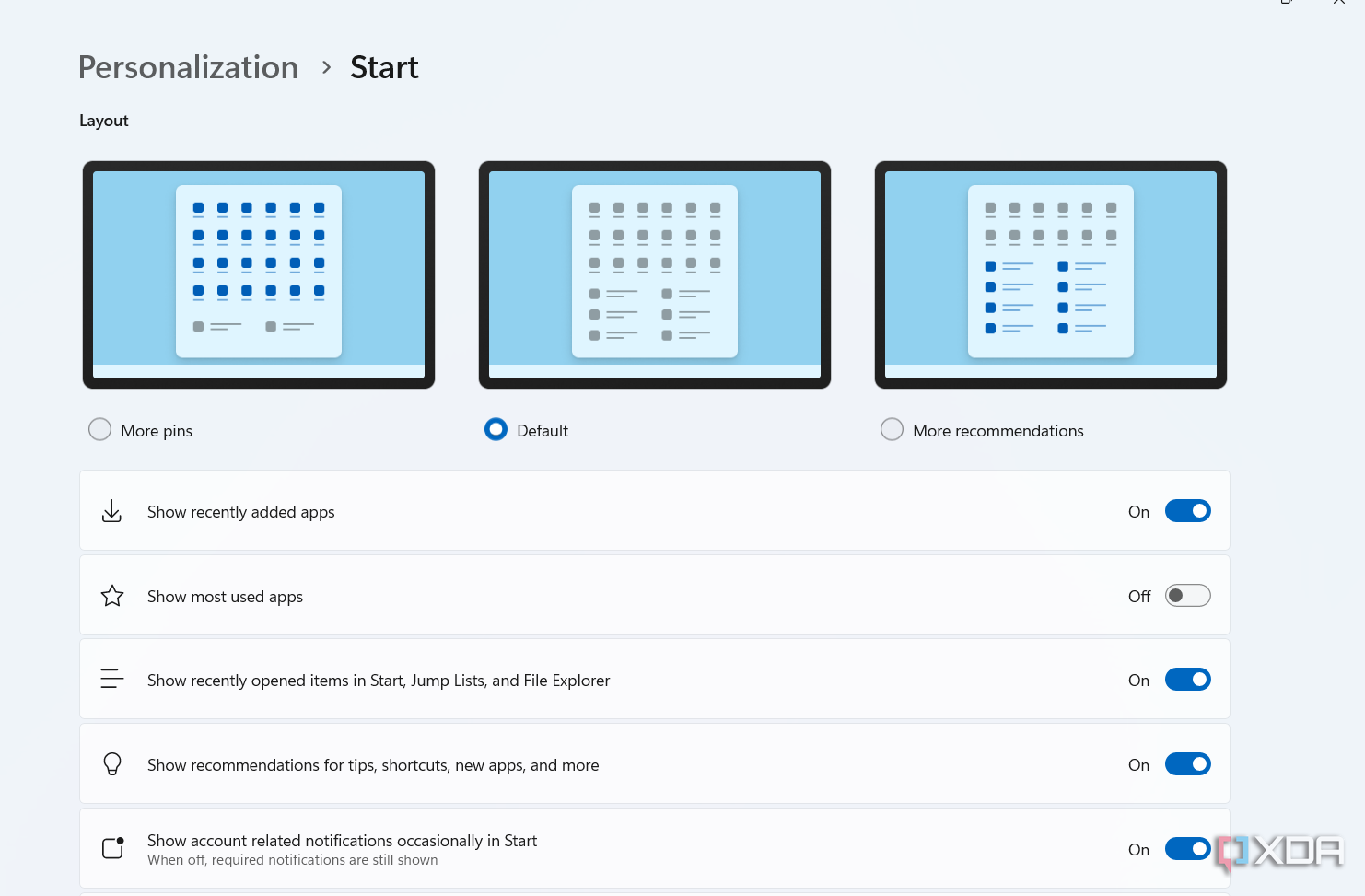 Screenshot showing option disable start notifications on Windows 11