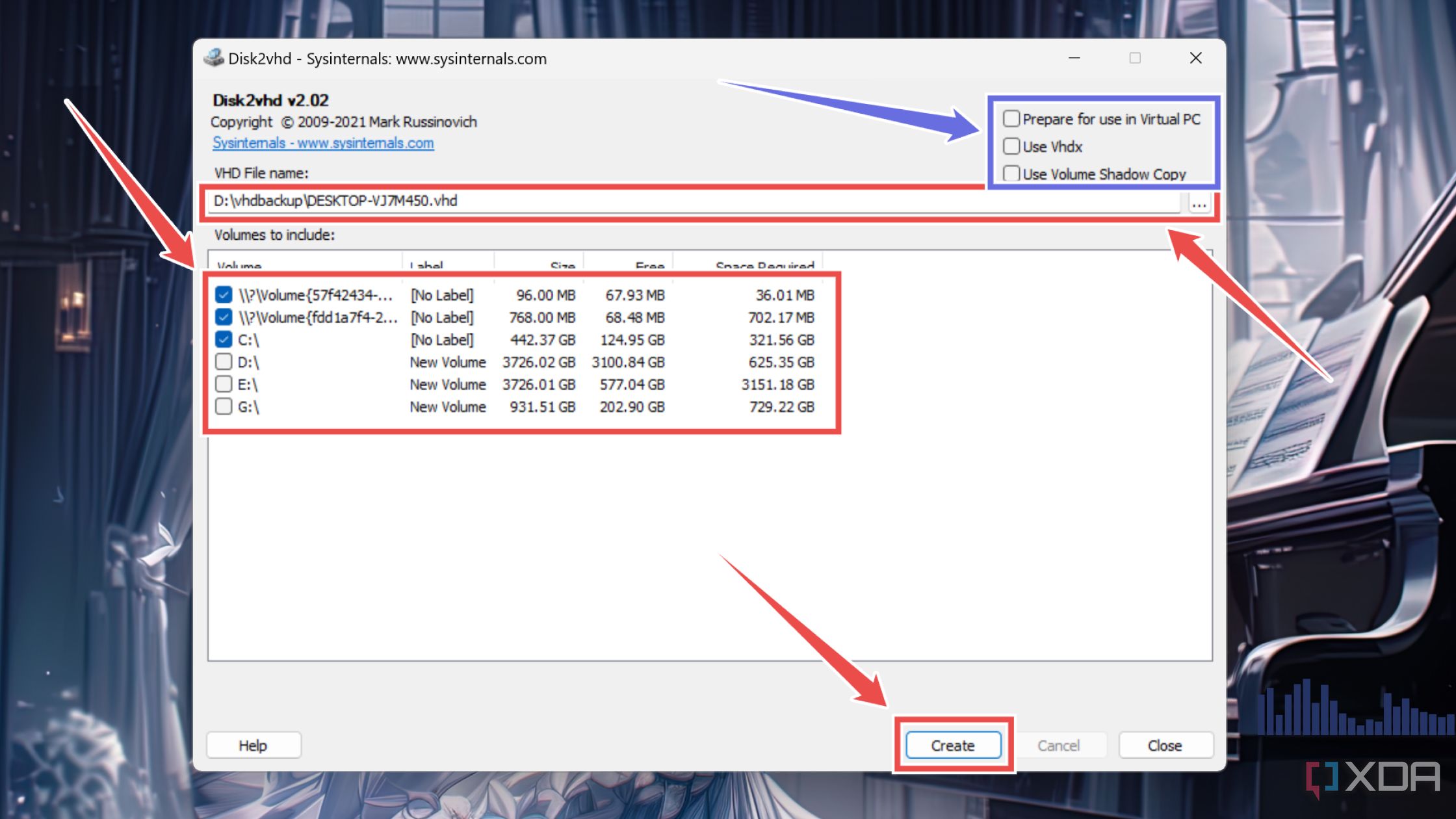 Selecting the ideal settings in Disk2vhd