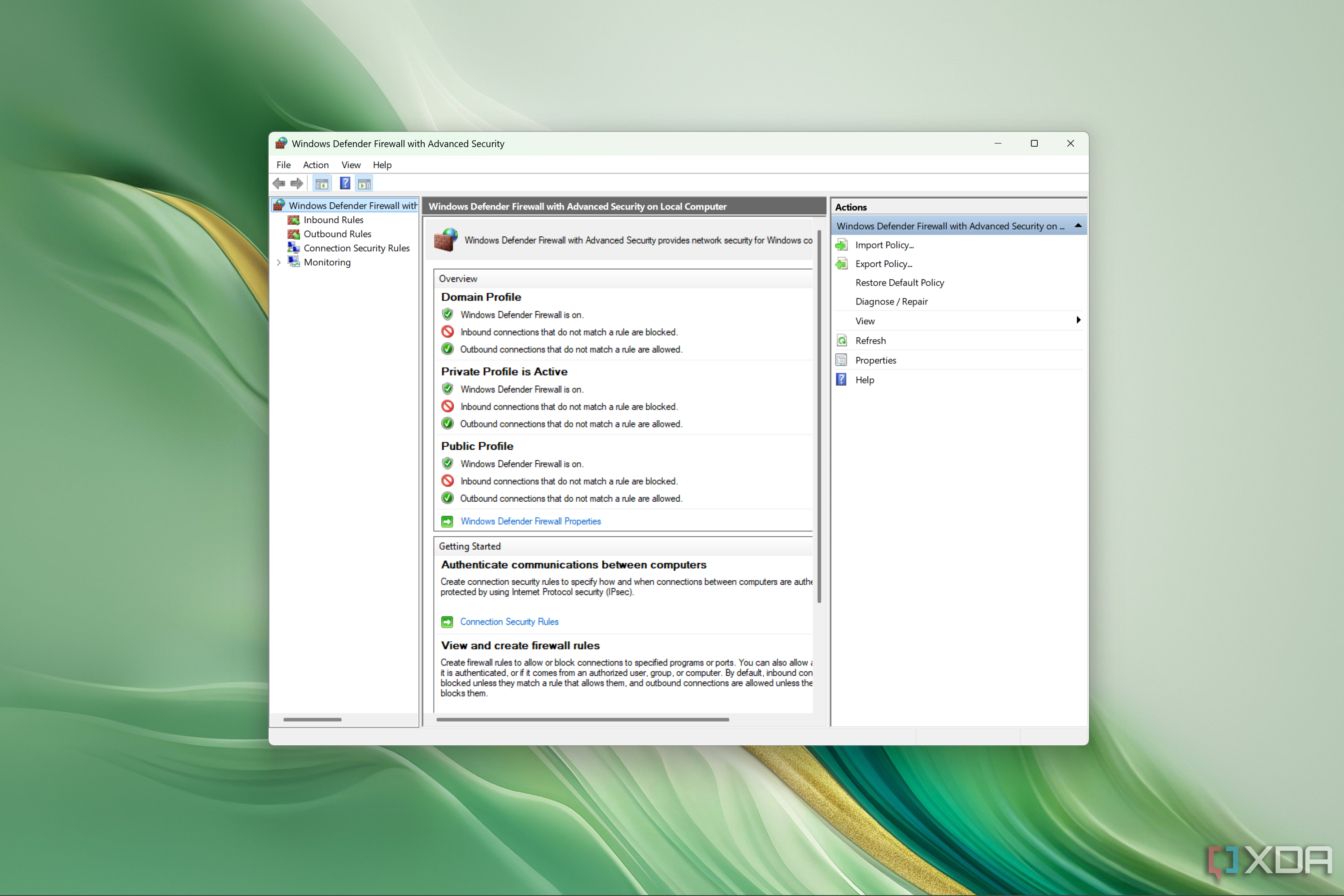 Screenshot of the advanced settings window for Windows Firewall