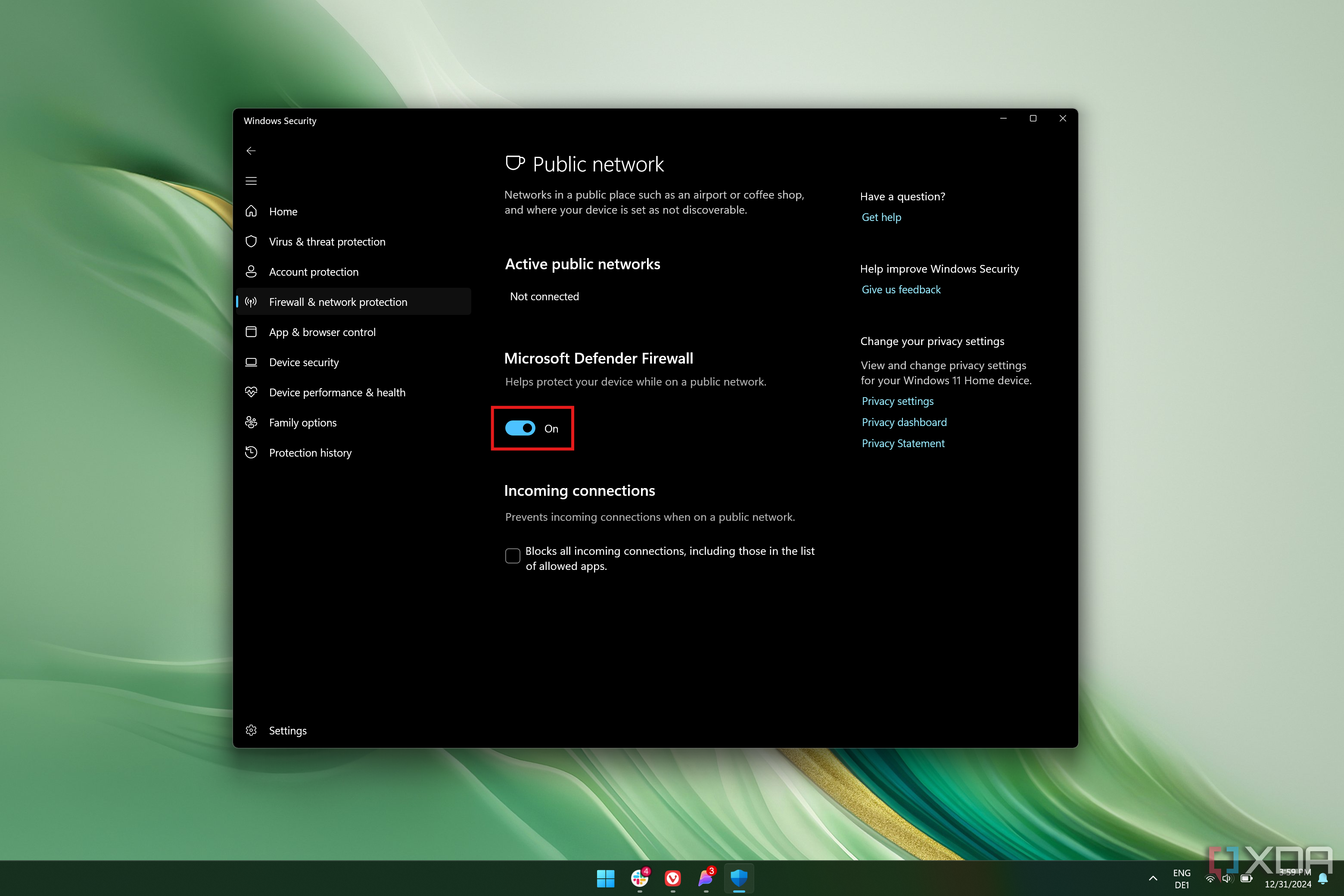 Screenshot of Windows Security on Windows 11 showing firewall settings for public networks