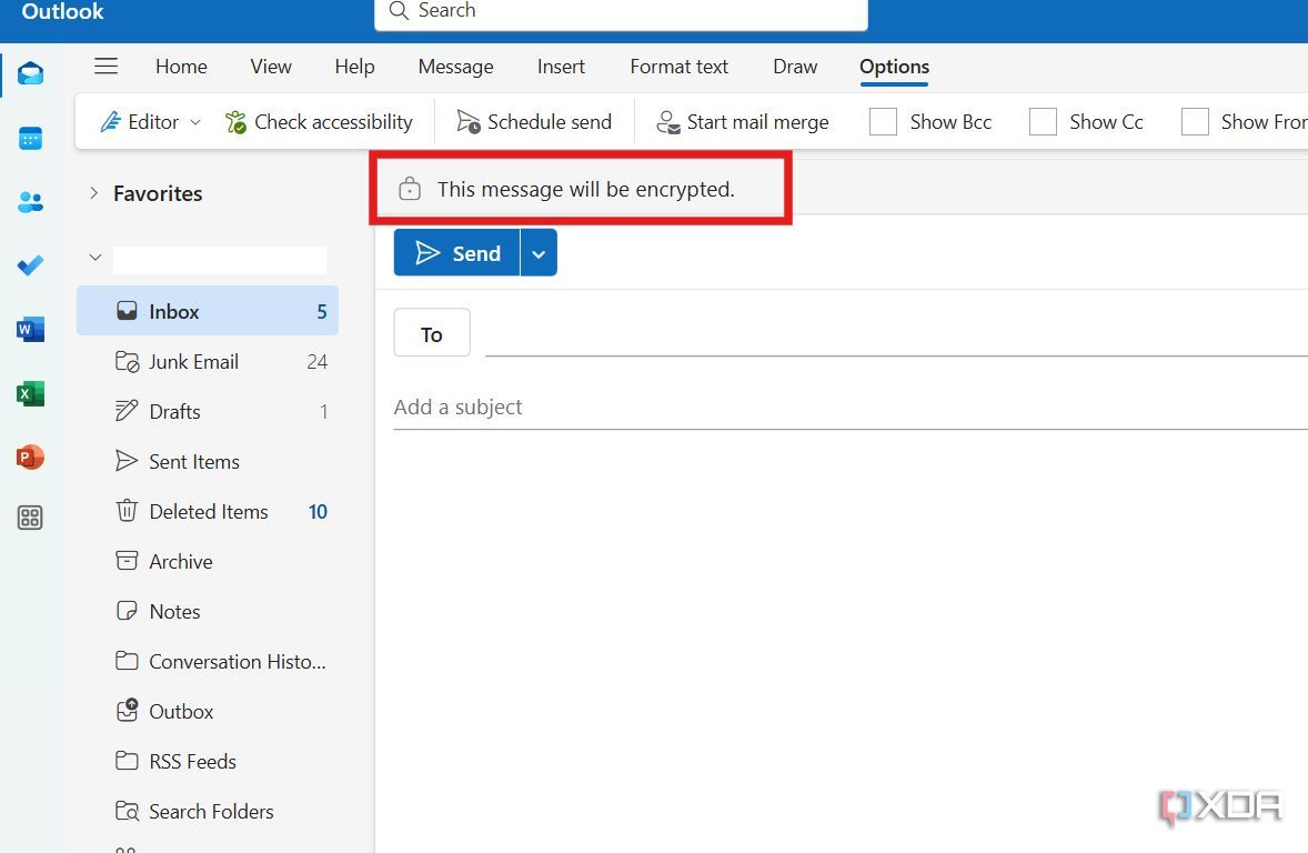 Una captura de pantalla del nuevo mensaje de cifrado de Outlook.