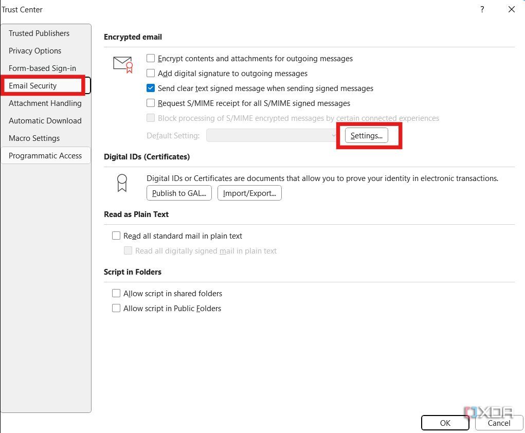 Una captura de pantalla de la configuración de seguridad del correo electrónico de Outlook Classic.