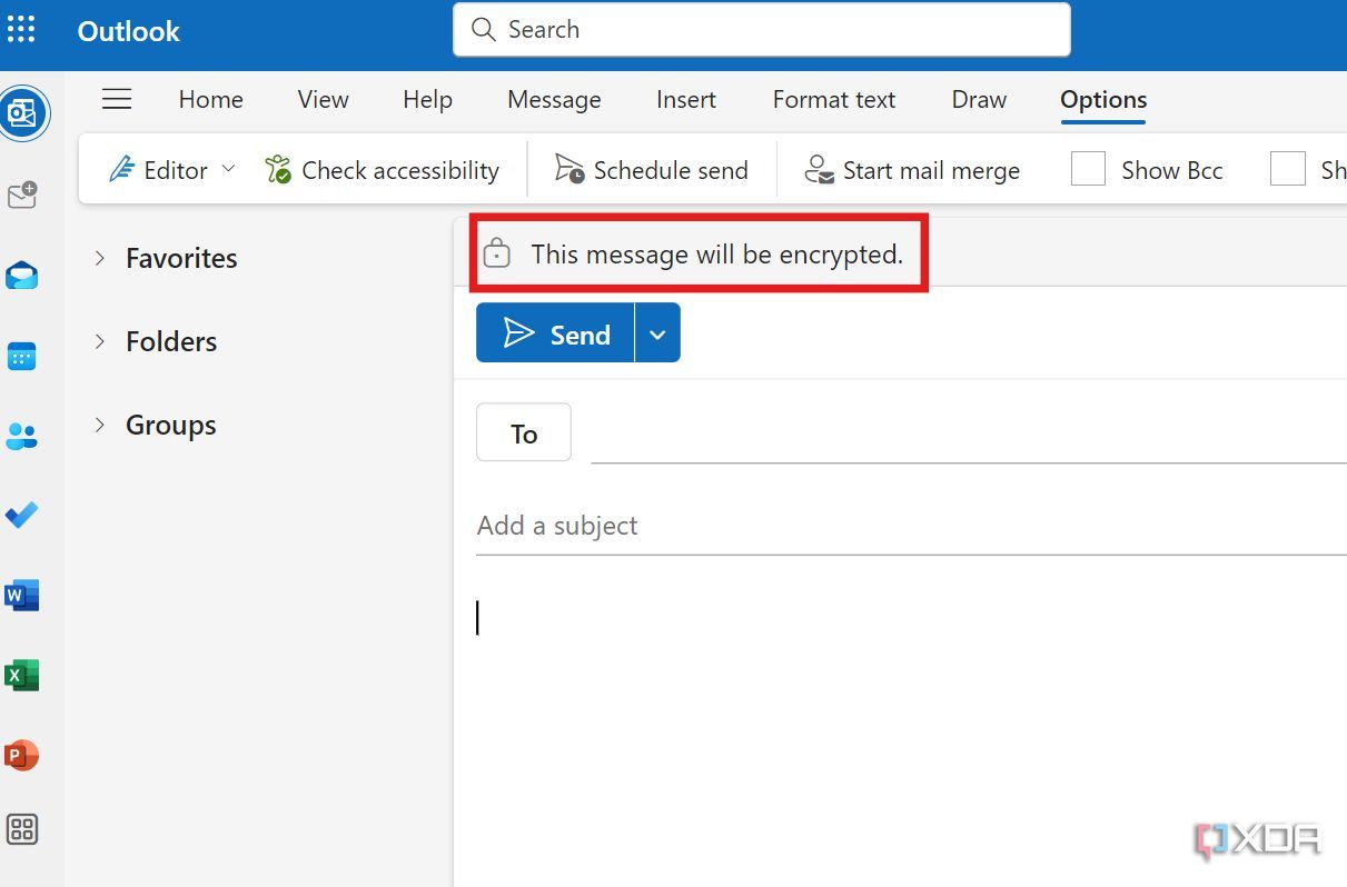 Una captura de pantalla de la notificación de cifrado de Outlook web.