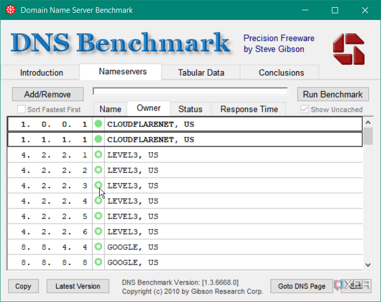 Se muestra la utilidad DNS Benchmark de Gibson Research Corporation