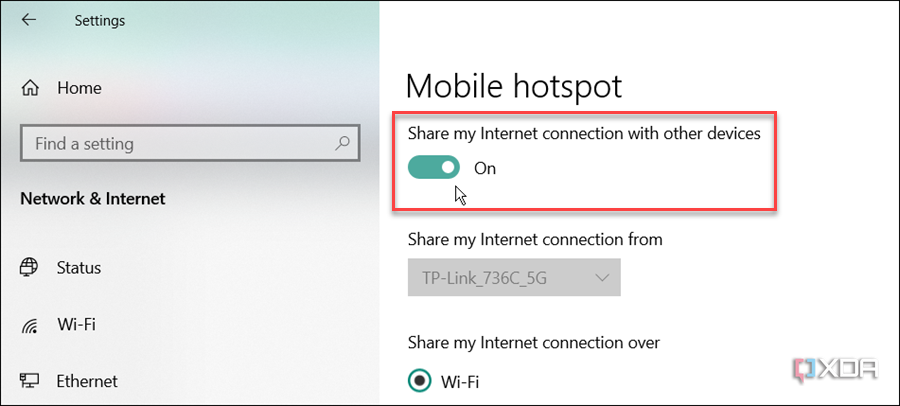 muestra cómo activar la opción de compartir mi conexión a Internet con otros dispositivos en Windows 10