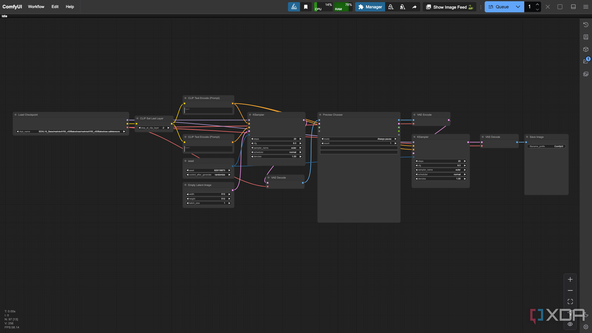 Vista previa del nodo Selector de ComfyUI en un flujo de trabajo simple