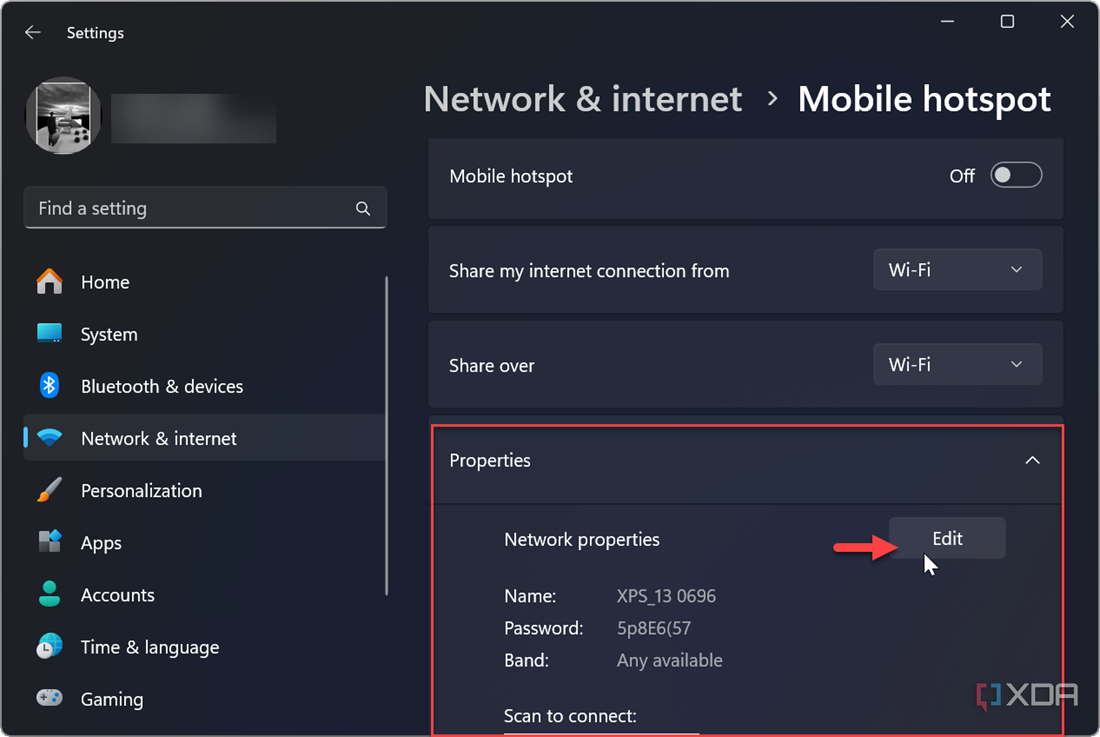 Muestra cómo editar las propiedades de un punto de acceso Wi-Fi móvil en Windows 11