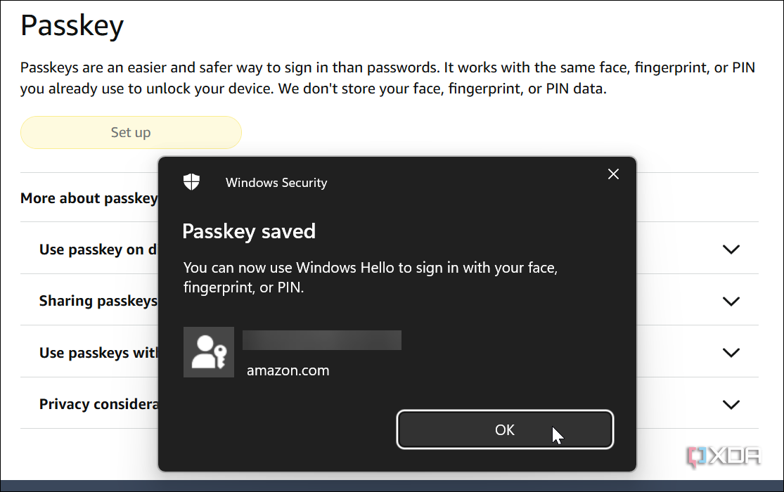 screenshot showing passkey saved on Amaozn account