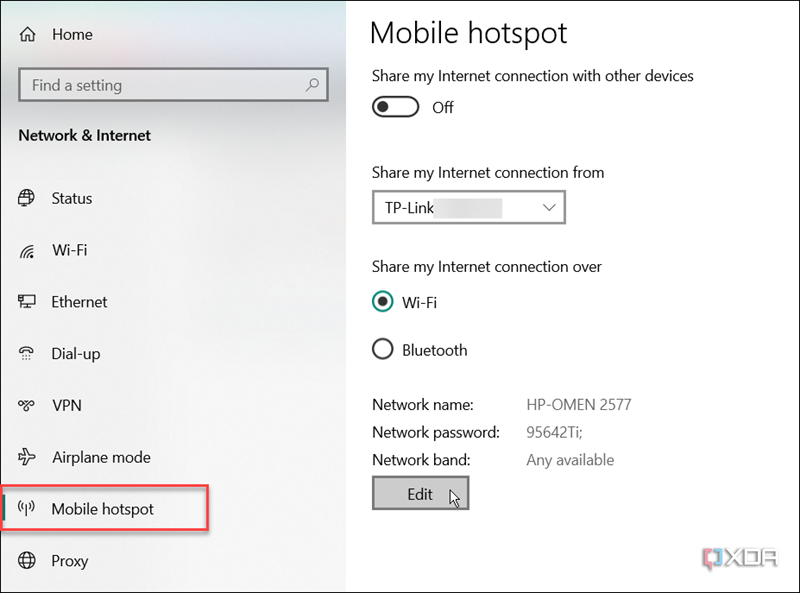 Mostrando cómo editar un punto de acceso móvil en la configuración de Windows 10