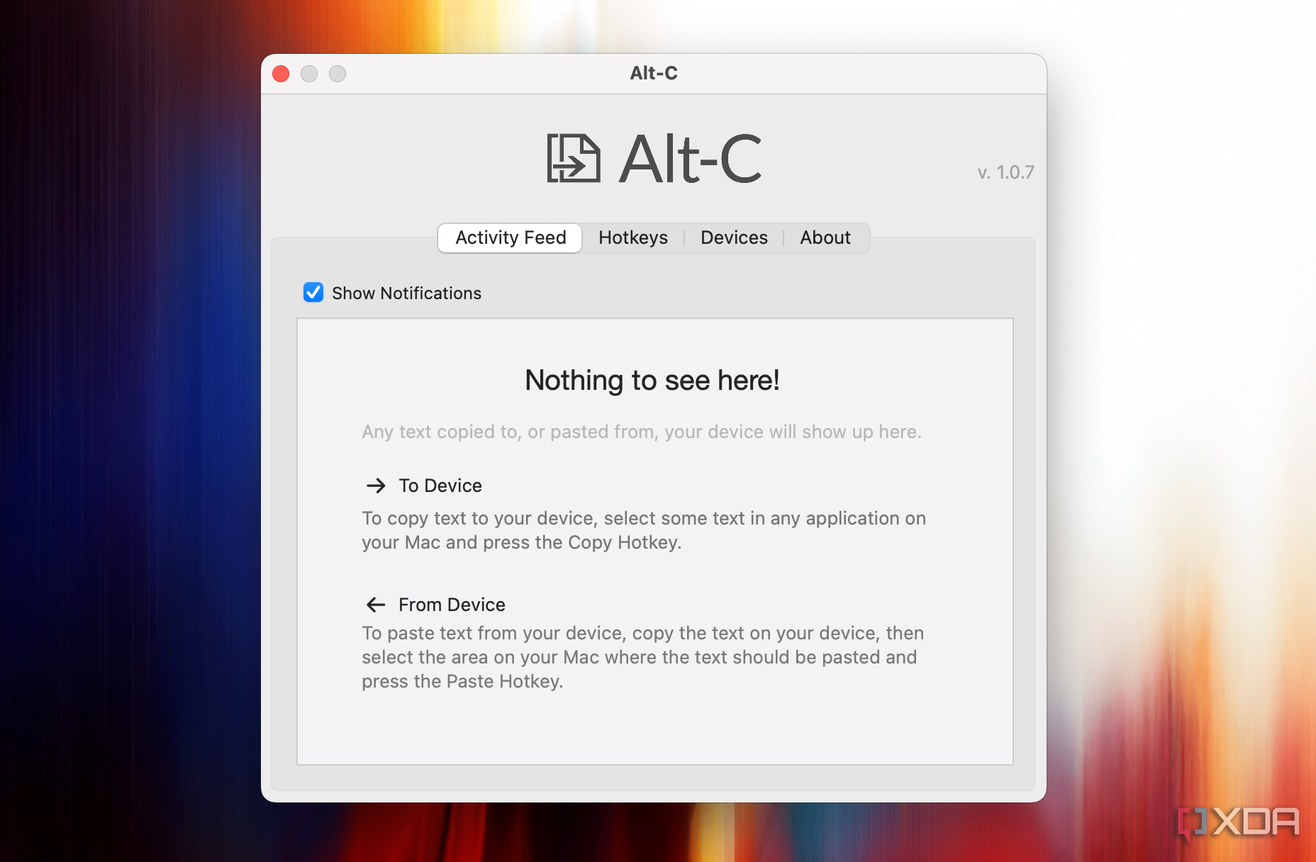 Captura de pantalla que muestra la aplicación ALT-C en Mac