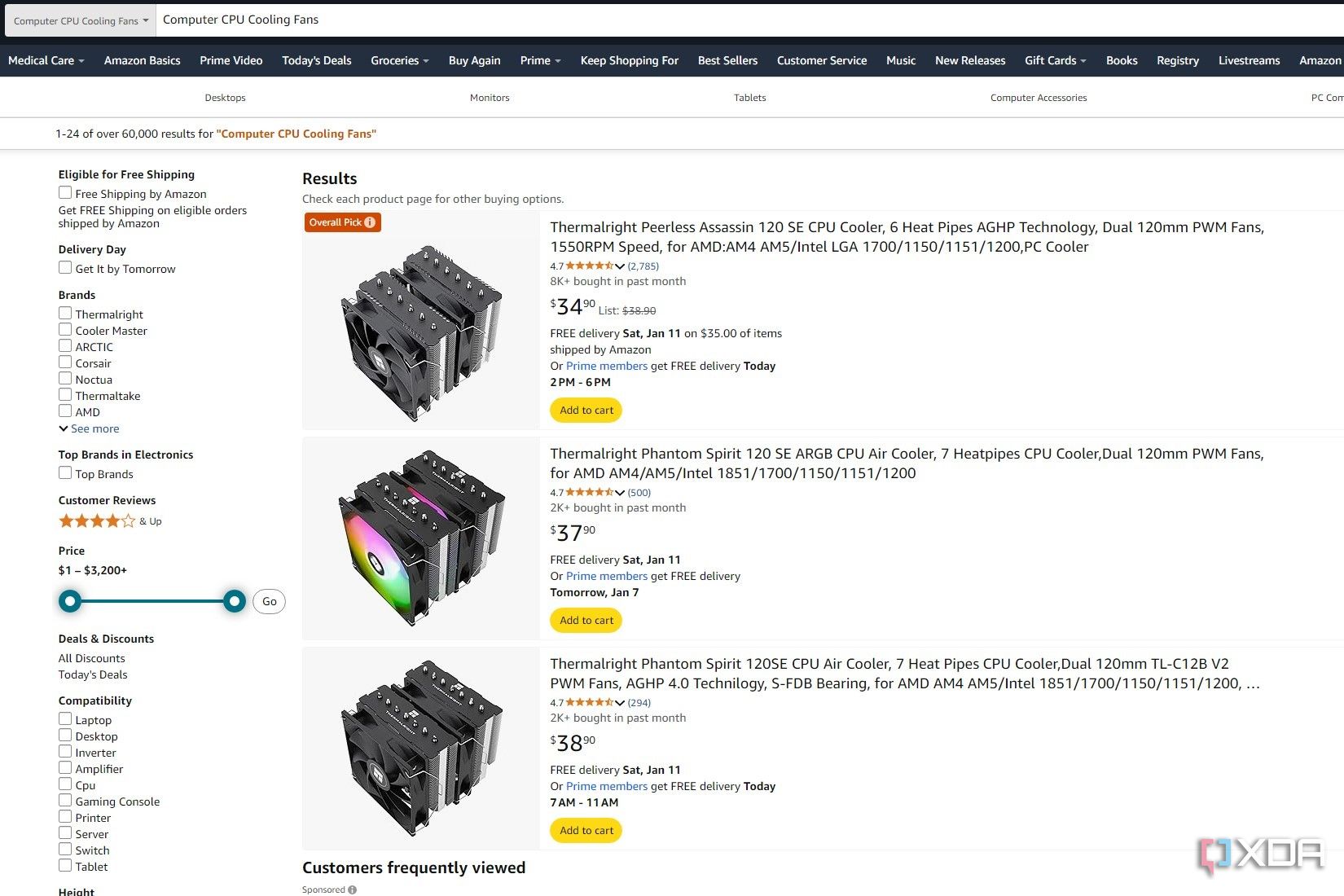 Captura de pantalla de los resultados de búsqueda de Amazon para enfriadores de CPU para juegos de PC