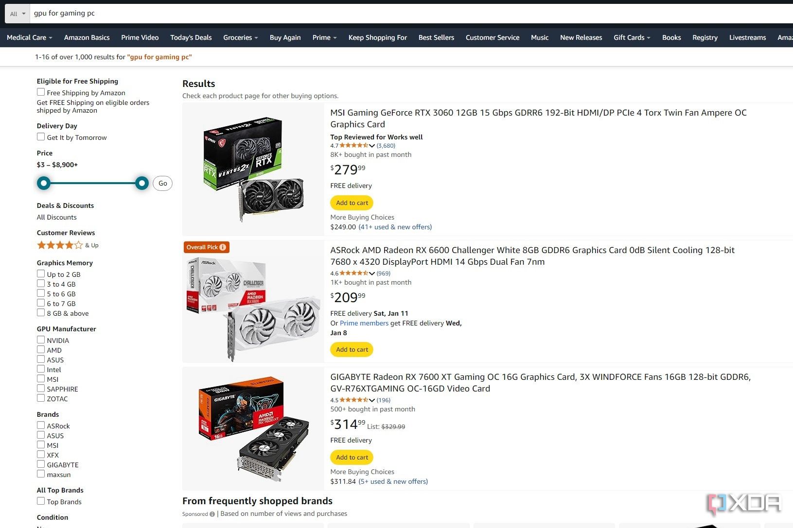 Captura de pantalla de los resultados de búsqueda de Amazon de una GPU para una PC para juegos