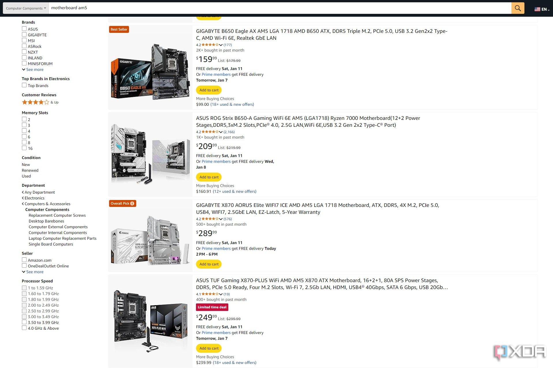 Captura de pantalla de los resultados de búsqueda de Amazon para una placa base AM5