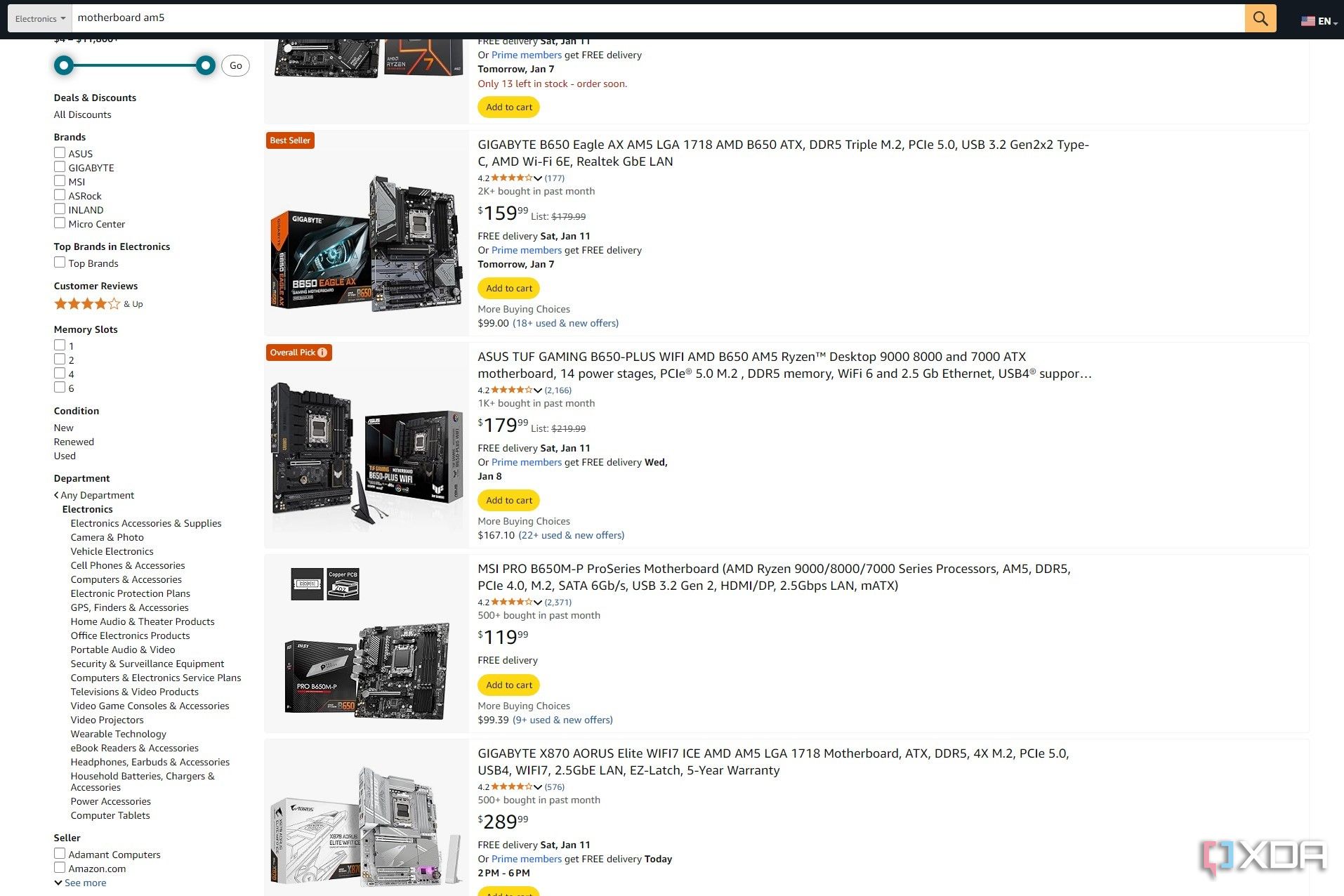 Captura de pantalla de los resultados de búsqueda de Amazon para una placa base AM5