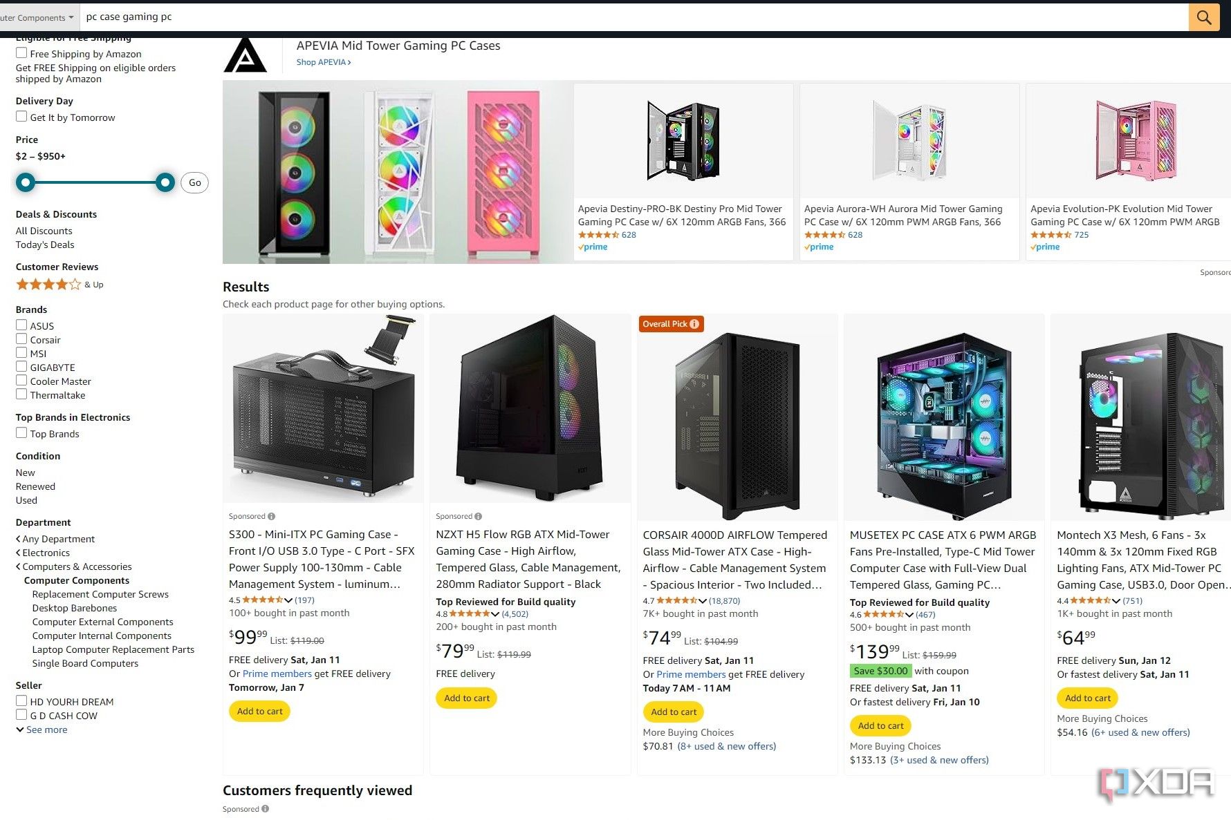 Captura de pantalla de los resultados de búsqueda de Amazon para PC gaming case