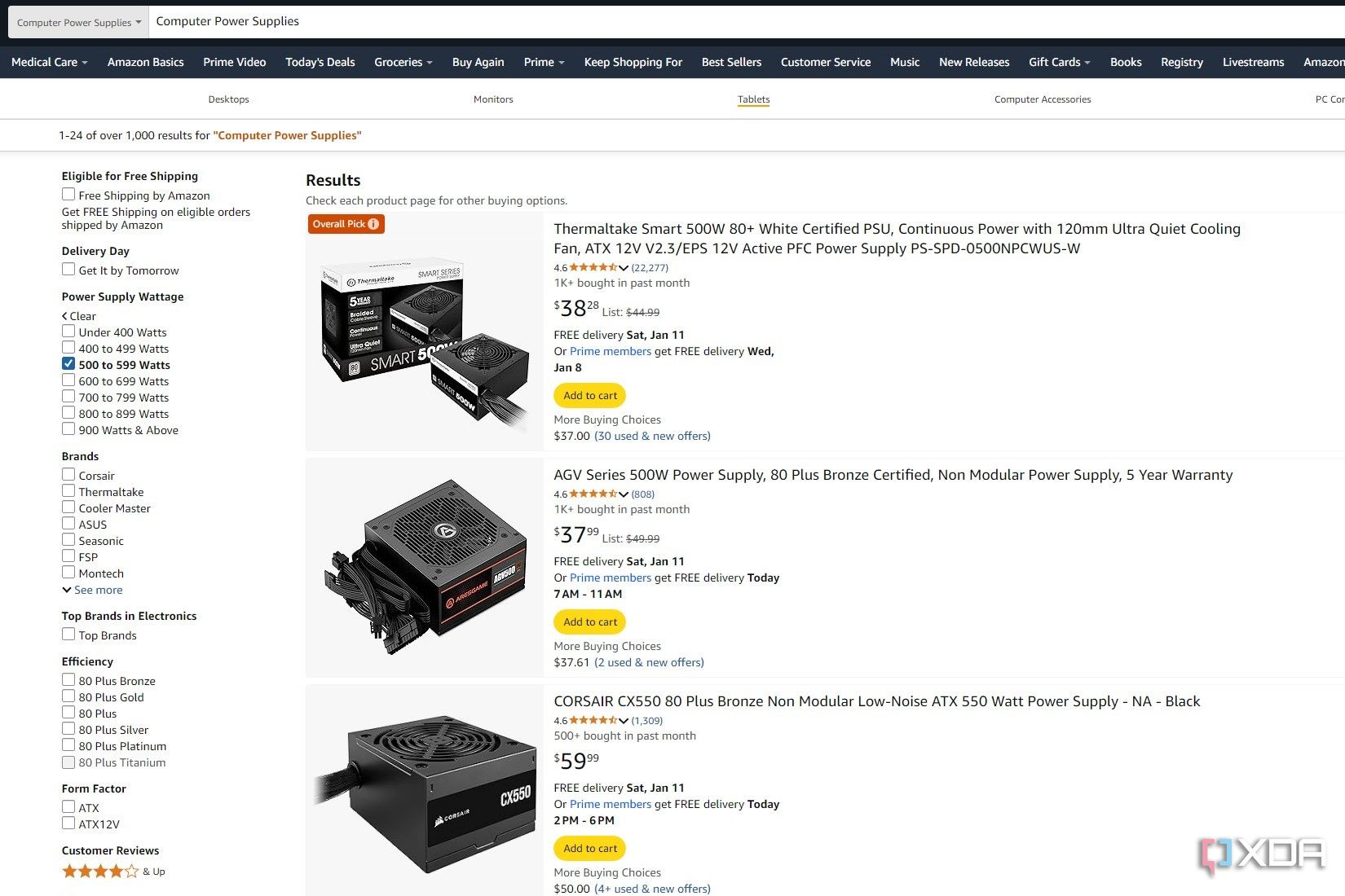 Captura de pantalla de los resultados de búsqueda de Amazon para fuentes de alimentación de computadora