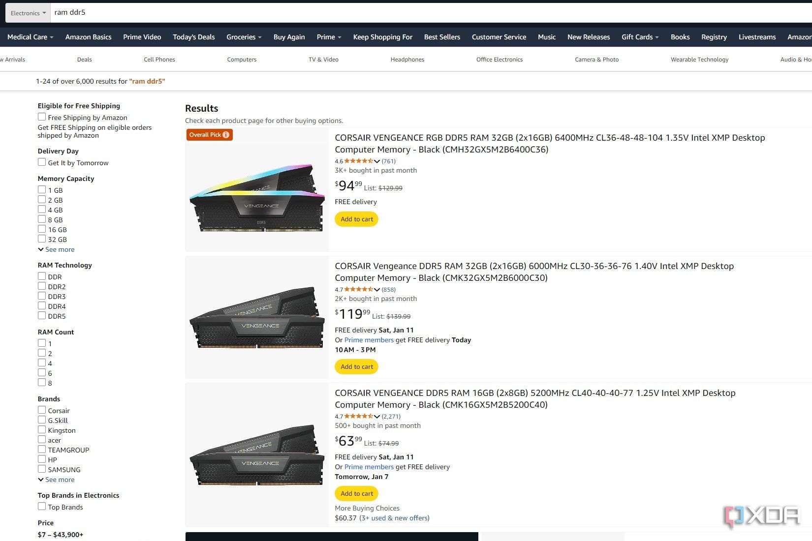 Captura de pantalla de los resultados de búsqueda de Amazon para RAM DDR5