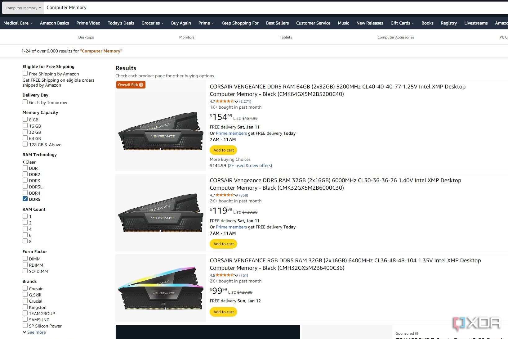 Captura de pantalla de los resultados de búsqueda de Amazon para memoria de computadora