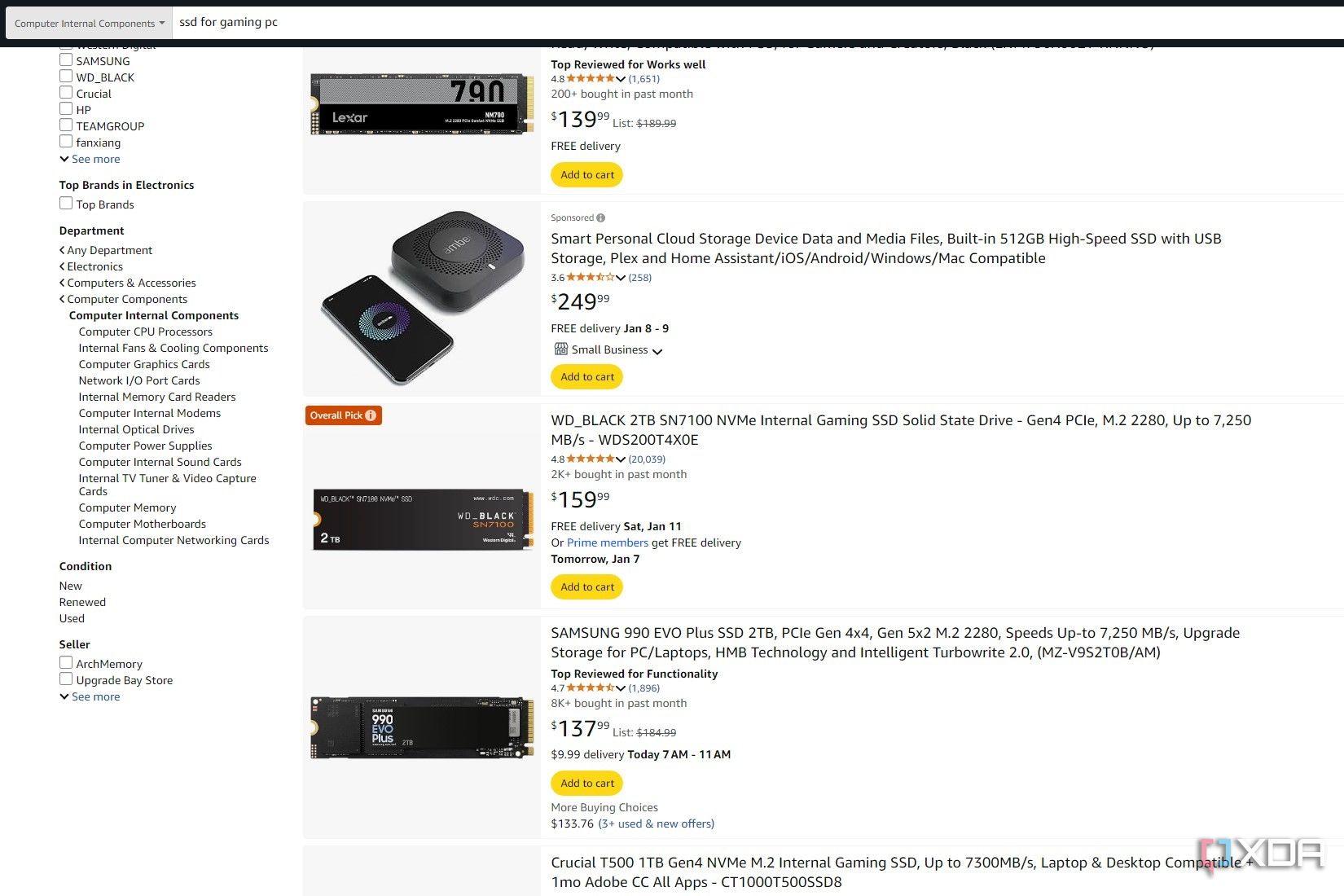 Captura de pantalla de los resultados de búsqueda de Amazon para SSD para PC de juegos