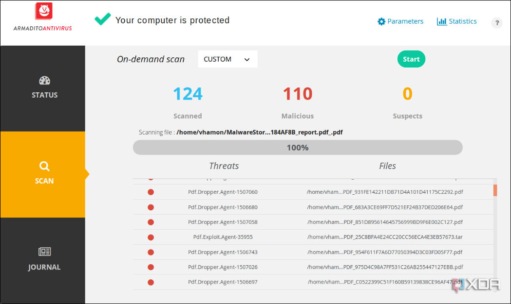 Captura de pantalla que muestra el antivirus Armadito ejecutando un análisis en busca de malware