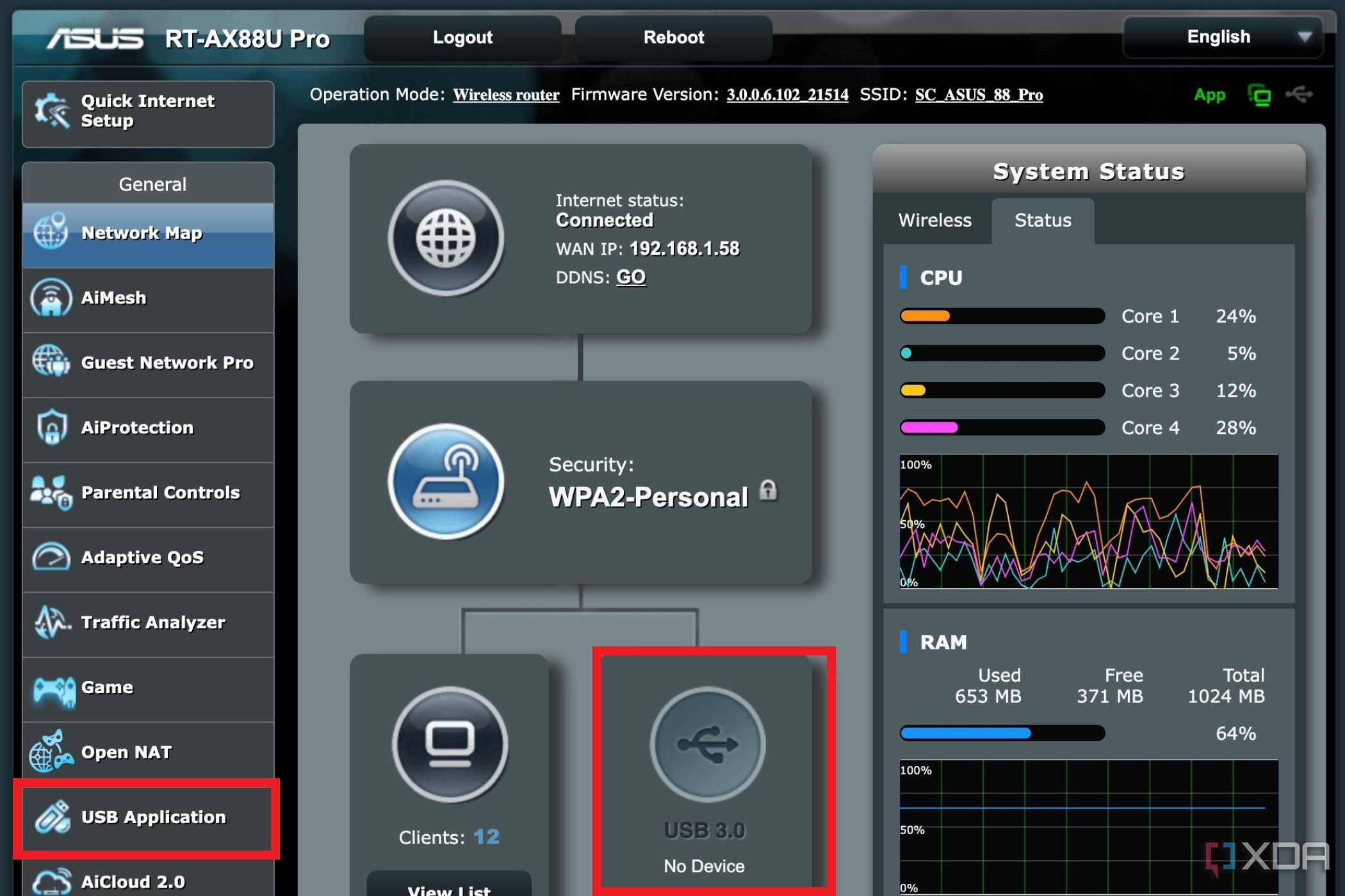 Captura de pantalla de la página de administración del enrutador Asus con la opción de aplicación USB resaltada