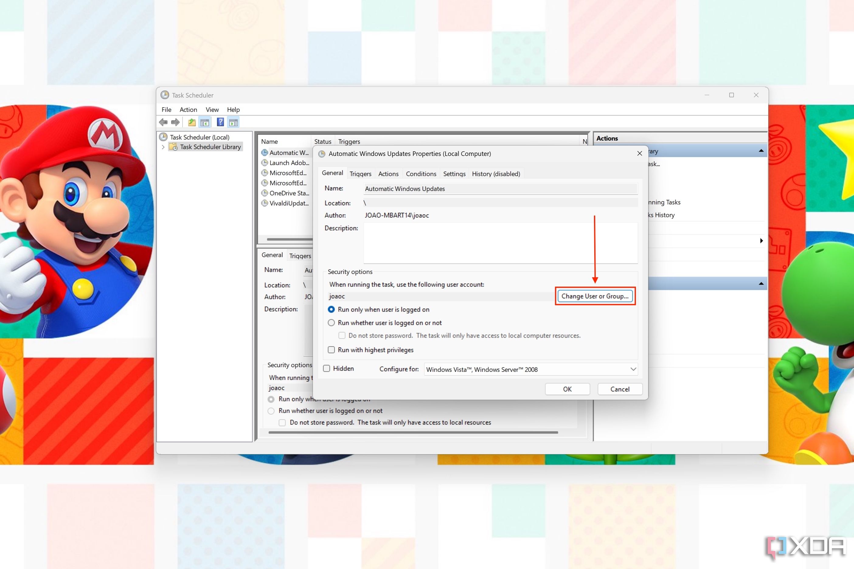 Captura de pantalla de las propiedades de una tarea en el Programador de tareas con el botón Cambiar usuario o grupo resaltado