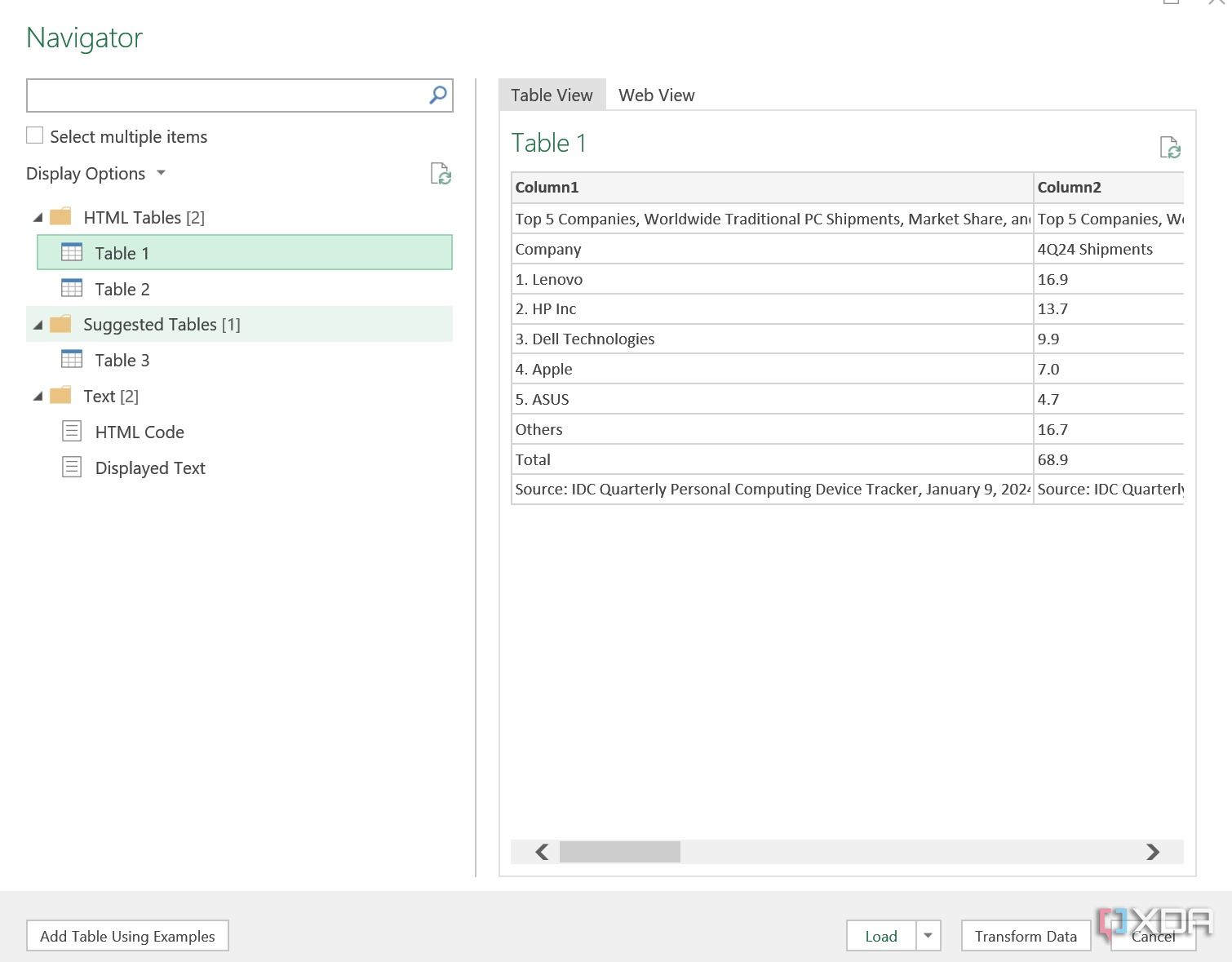 Consultar sugerencias de tablas en Excel