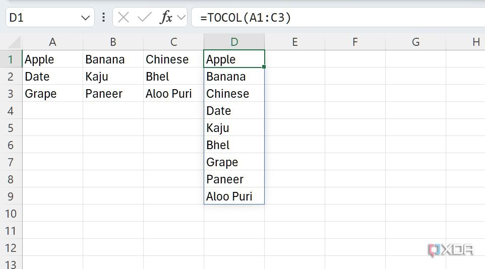 Función TOCOL en Excel