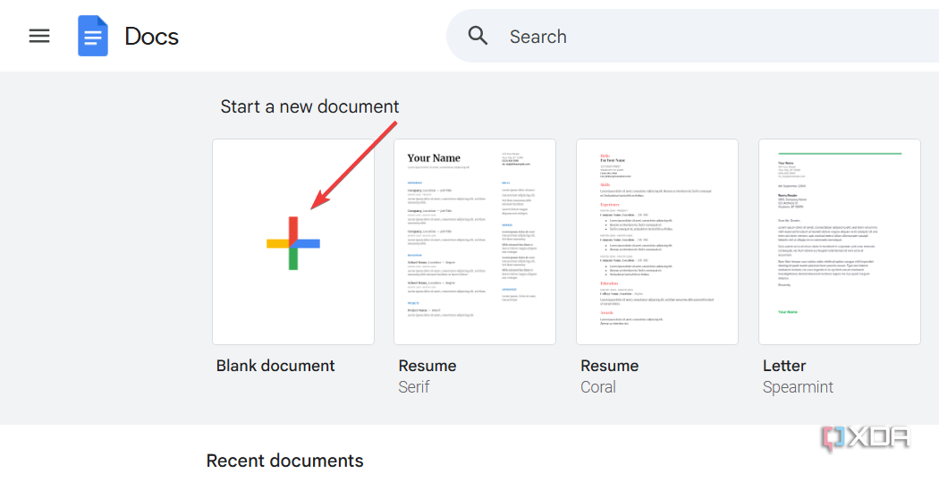Creating a new blank document in Google Docs