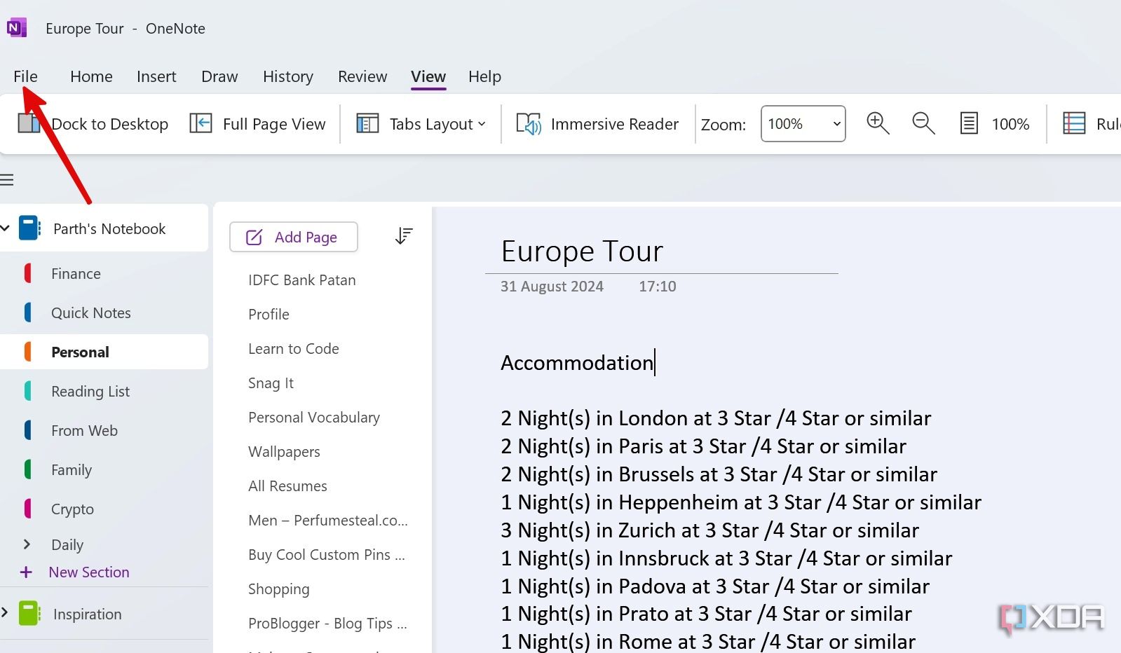 Abrir el menú Archivo en OneNote