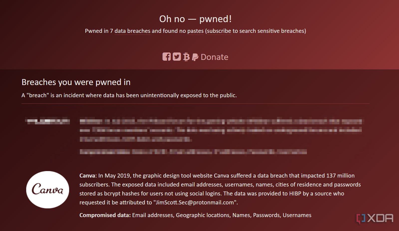 Una página en haveibeenpwned.com que hace referencia a una violación de Canva en 2019