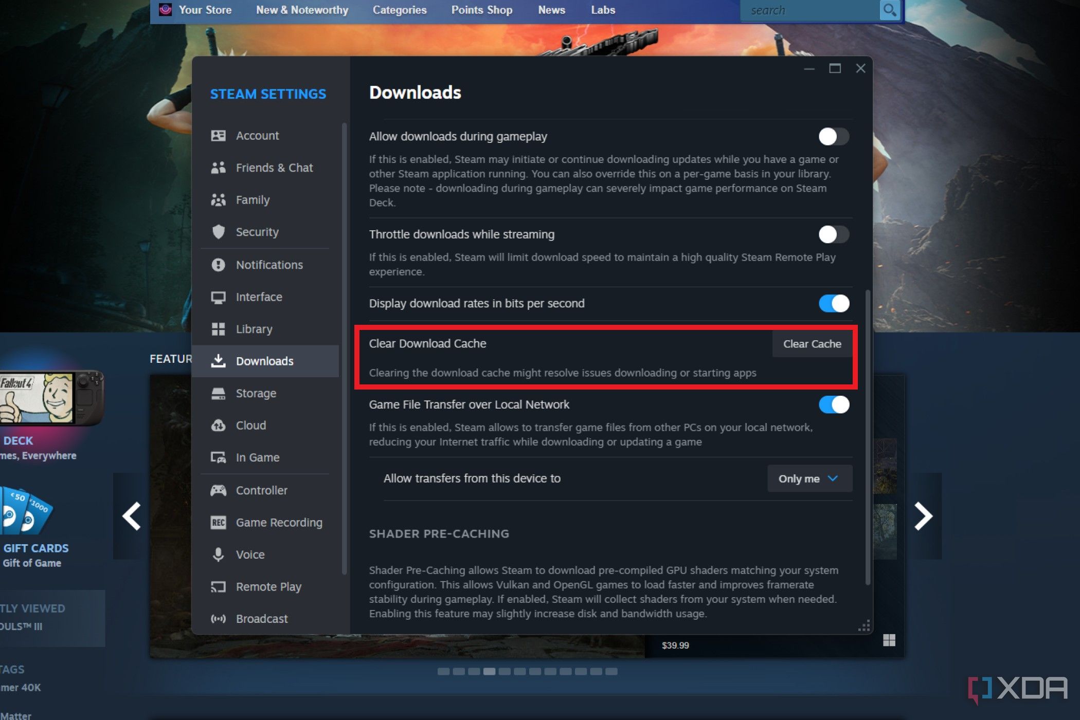 Captura de pantalla de la configuración de descargas de Steam con la opción borrar caché resaltada