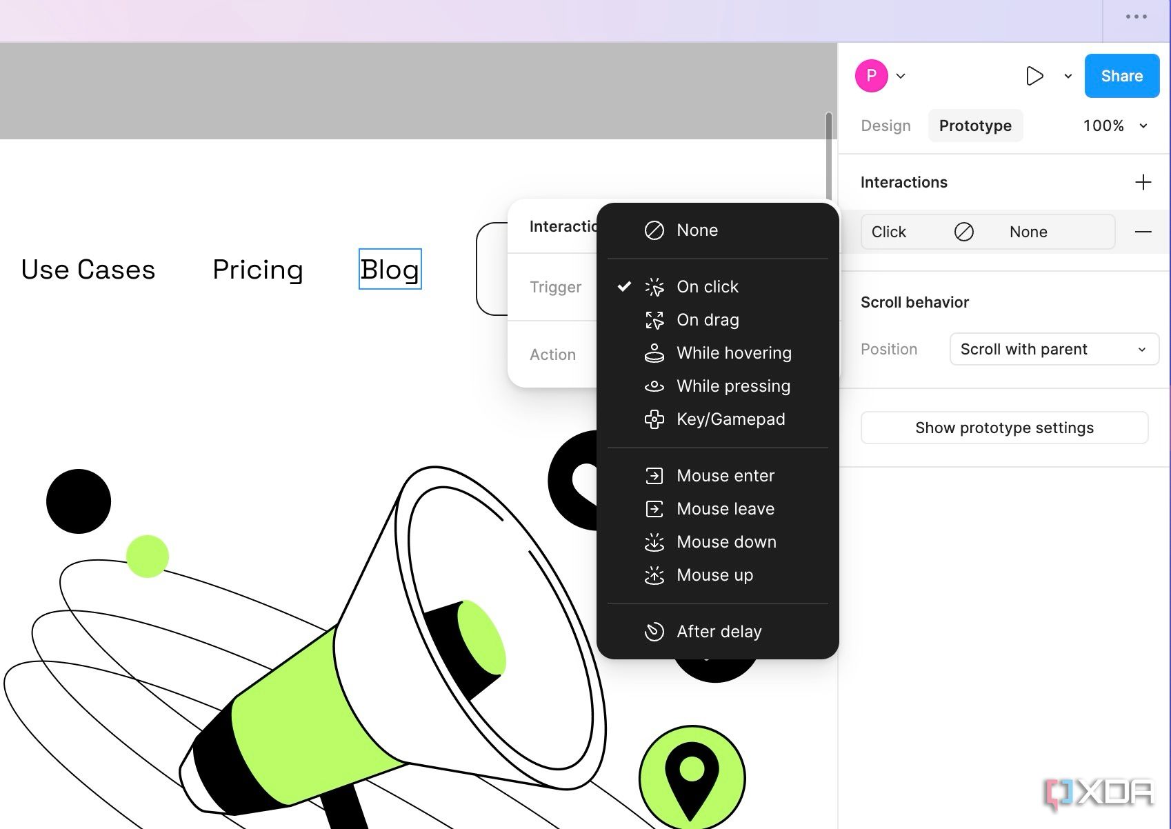 Opciones de interacción en Figma