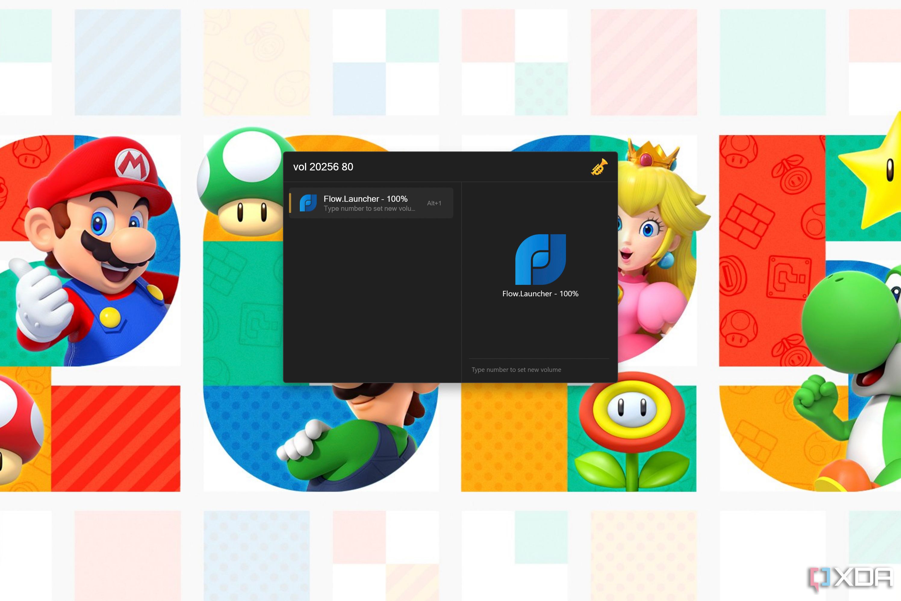 Screenshot of Flow Launcher showing the ability to change the volume of a specific app using the FlowTrumpet plug-in