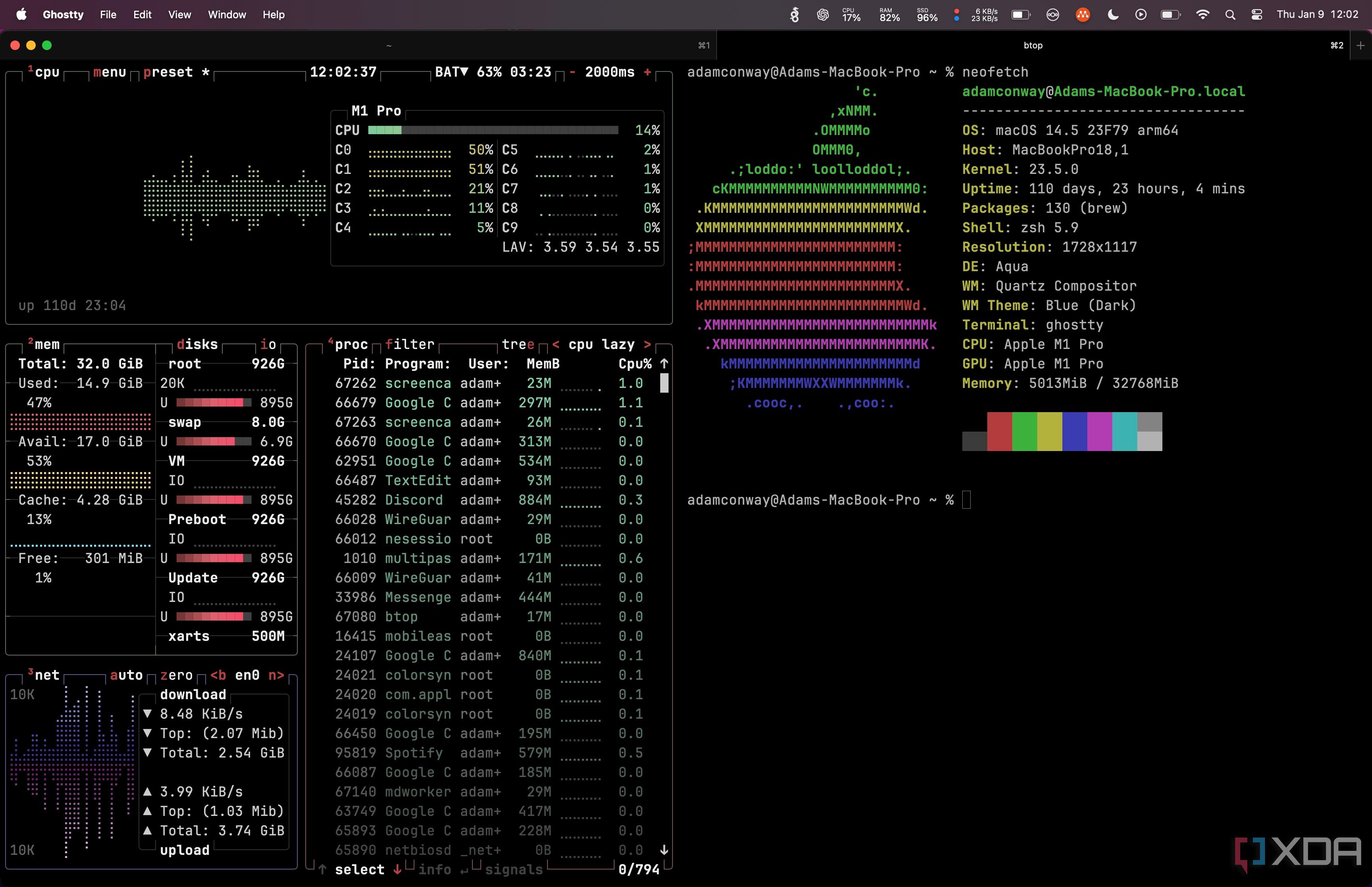 vista dividida fantasmal btop neofetch