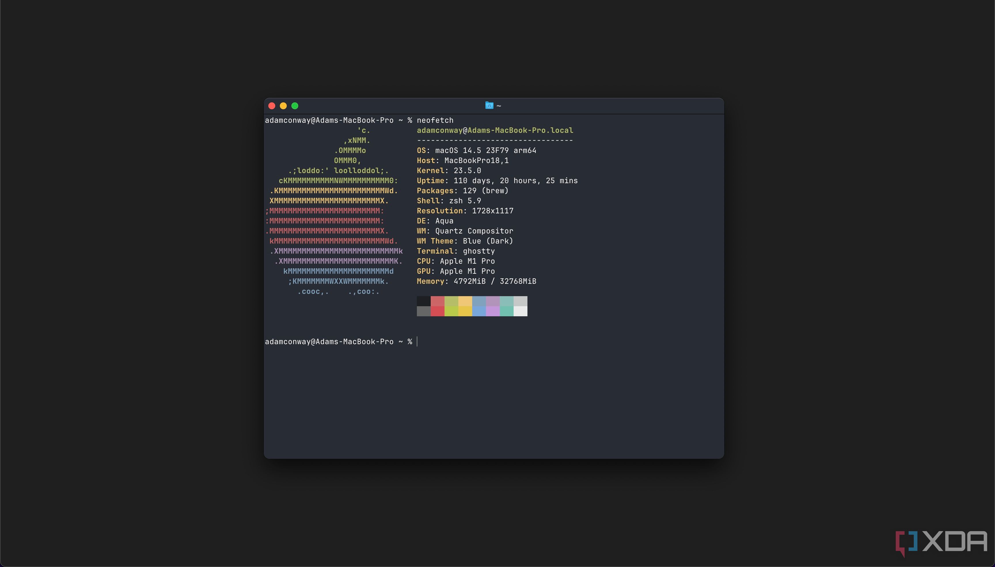 Terminal Ghostty que muestra la salida de Neofetch