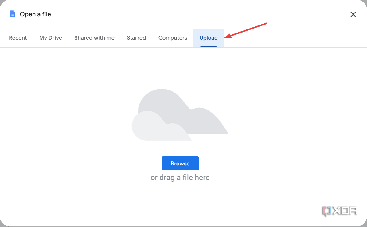 Clicking on the Upload button in Google Docs
