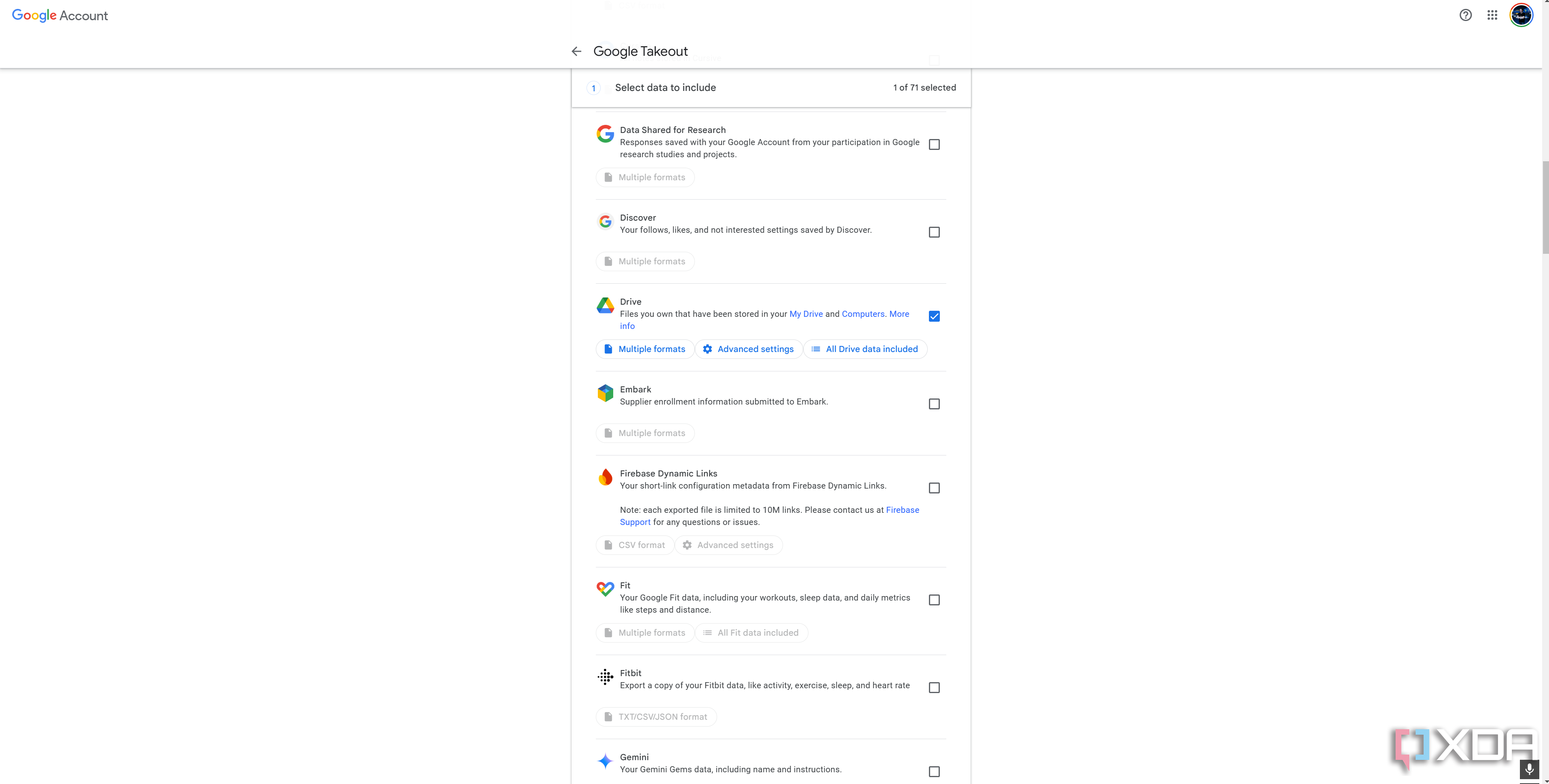 Google Takeout seleccionando Google Drive