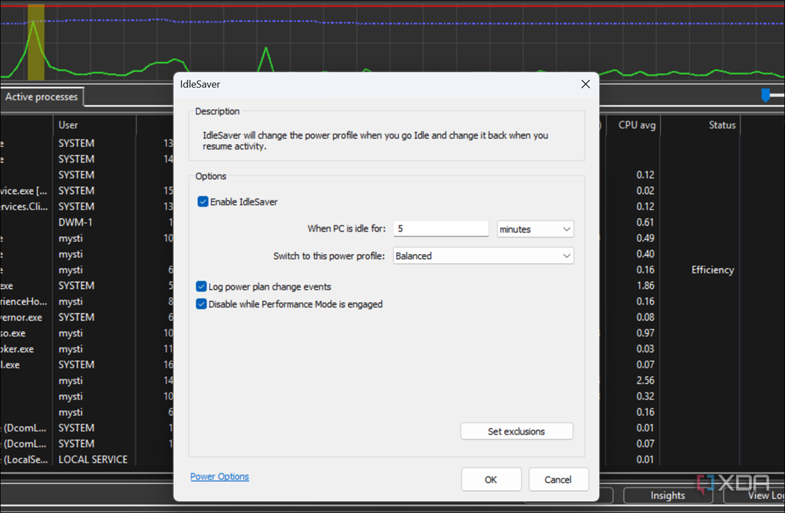 Captura de pantalla que muestra cómo usar IdleSaver en Process Lasso