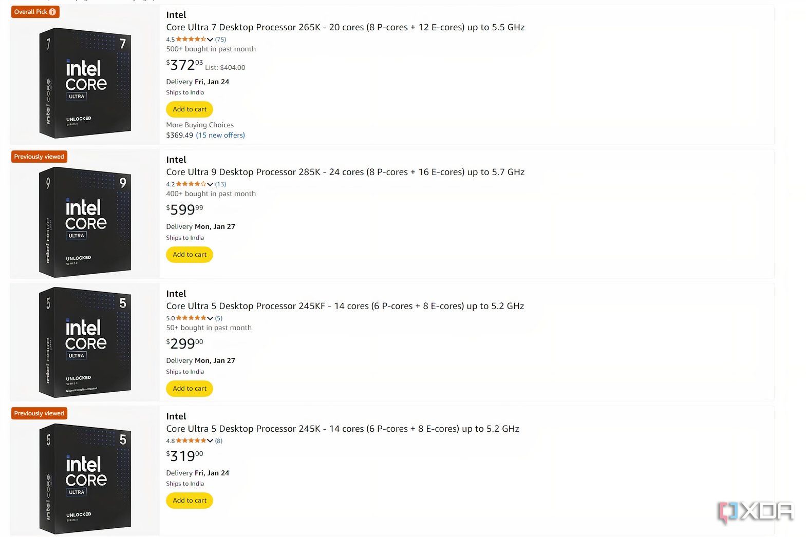 Captura de pantalla de los precios de Amazon de las CPU Intel Core Ultra para computadoras de escritorio