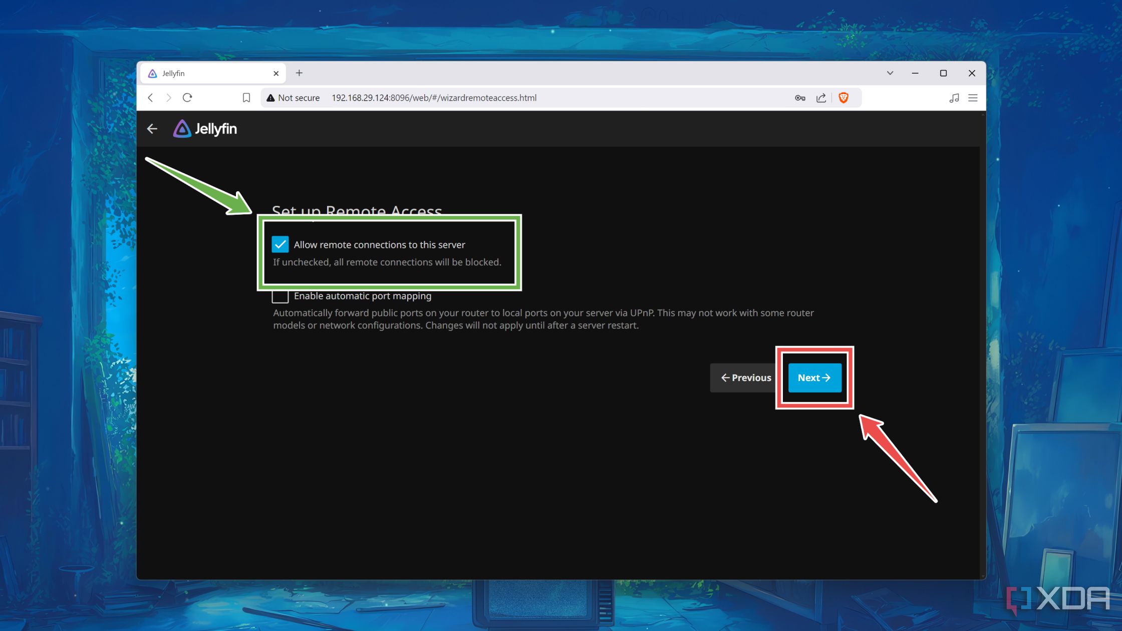 Configuración del acceso remoto en la interfaz web de Jellyfin