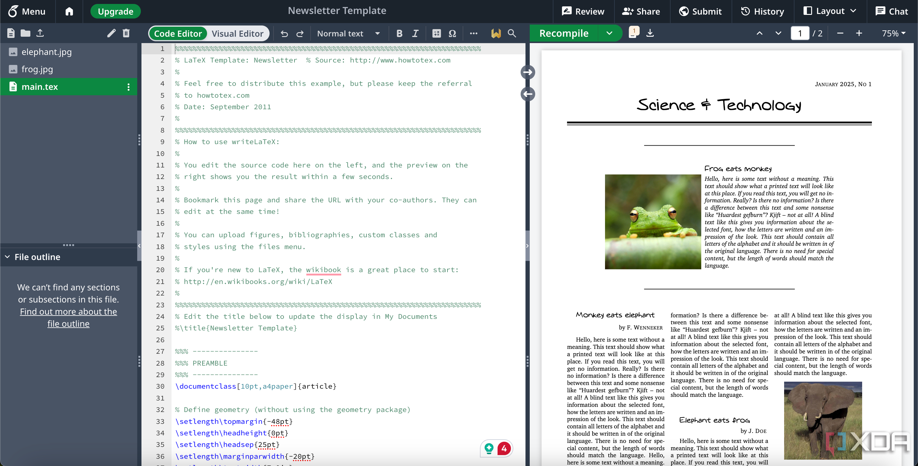 Plantilla de boletín informativo en Overleaf