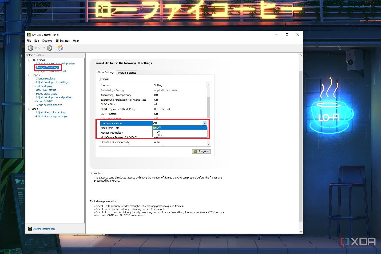 Captura de pantalla del Panel de control de Nvidia que muestra el modo de baja latencia