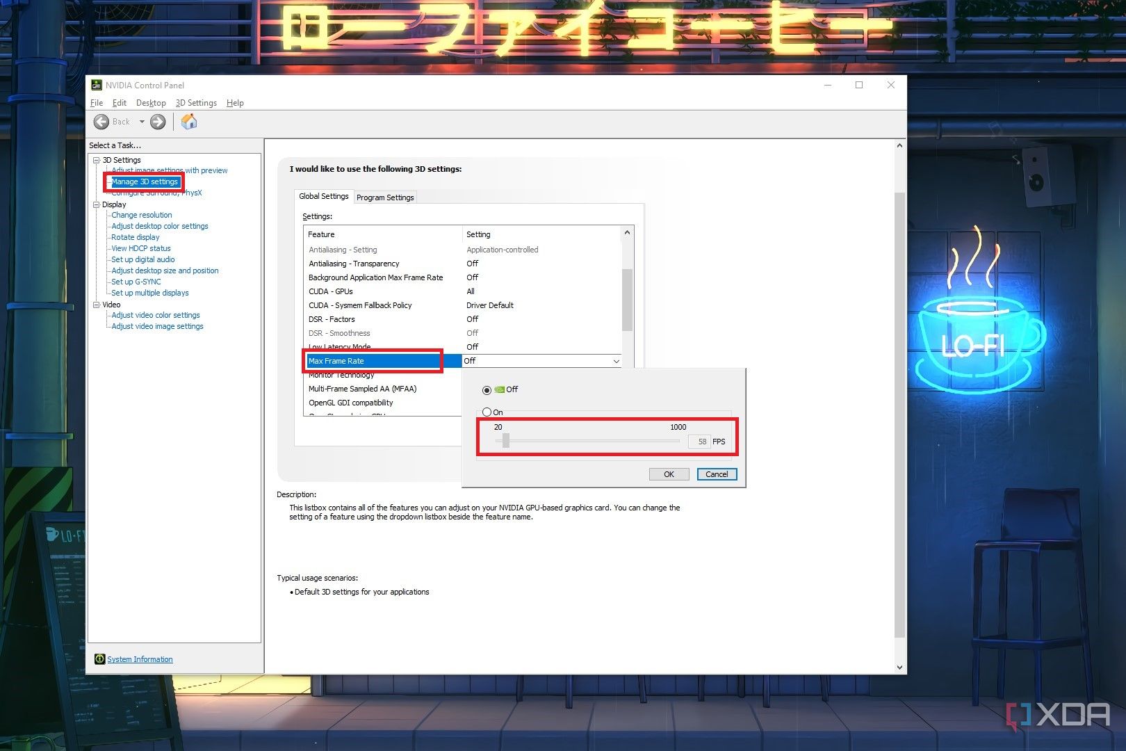 Captura de pantalla del Panel de control de Nvidia que muestra la configuración de velocidad máxima de cuadros