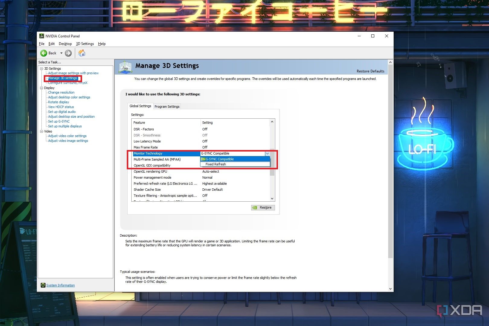 Captura de pantalla del Panel de control de Nvidia que muestra la configuración de la tecnología del monitor